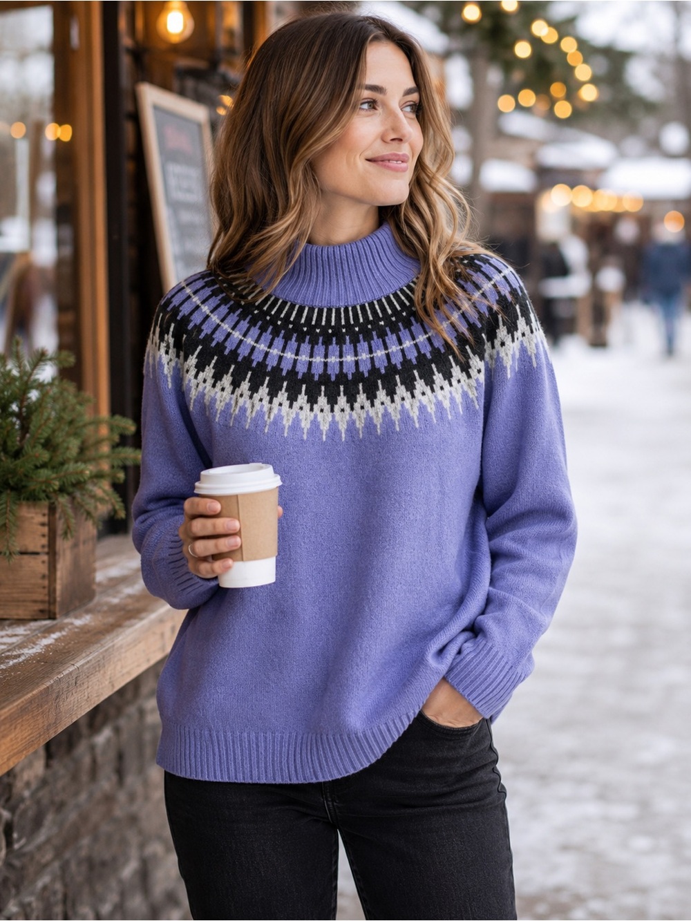 Northern Reflections L Purple Fair Isle Nordic Mock Neck Sweater Pullover
